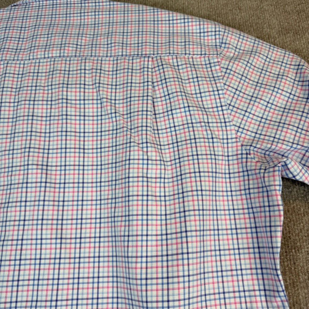 David Donahue Mens Dress Shirt 16 1/2 34/35 Blue Pink Plaid Cotton Trim Fit - Picture 11 of 15